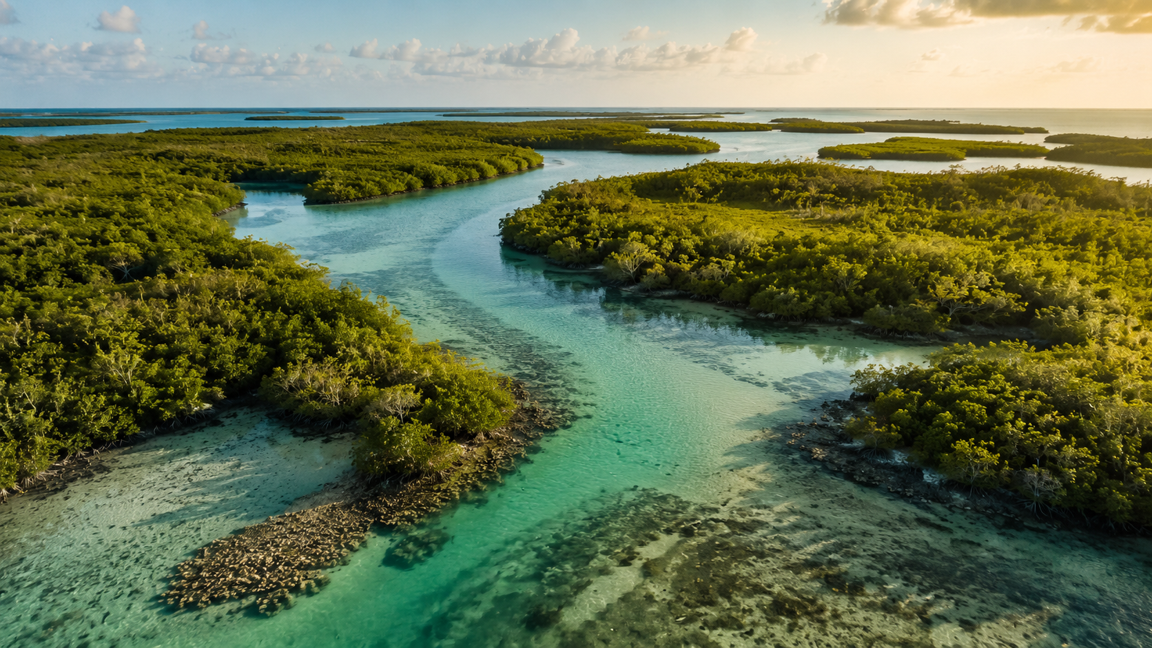 Aerial view of a tropical mangrove shoreline with clear turquoise water