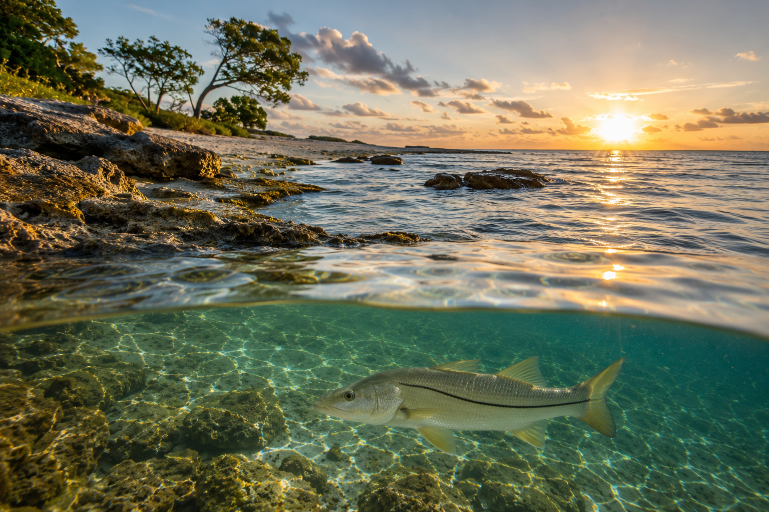 Mangrove shoreline at sunset